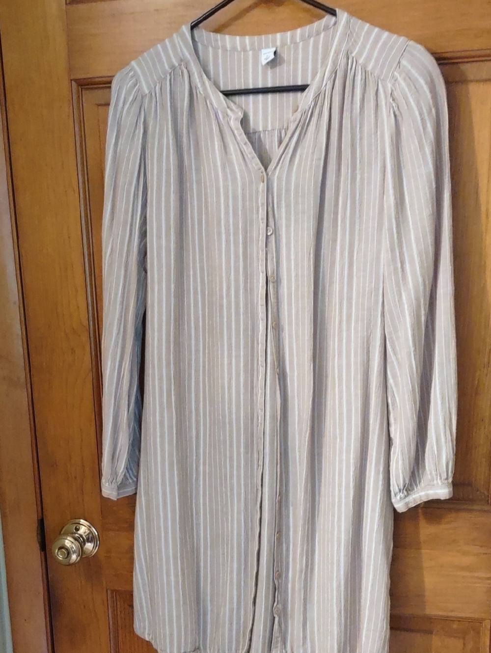 Striped Button-Front Long Tunic Dress in Light Taupe and White